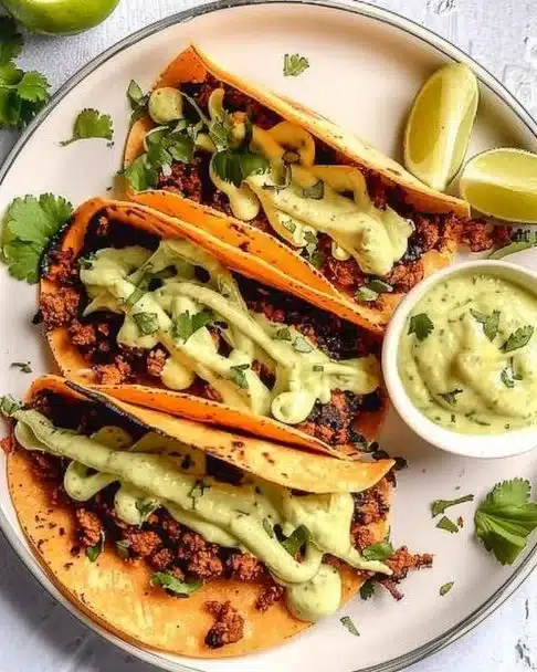 Oven-baked ground turkey tacos topped with fresh ingredients and cheese