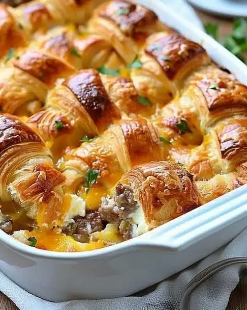 Delicious overnight croissant breakfast casserole baked with eggs and cheese