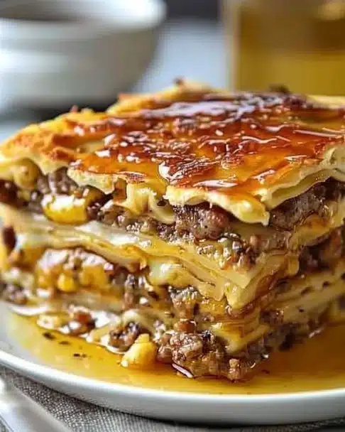 Delicious Pancake Sausage Casserole served on a plate with syrup on top