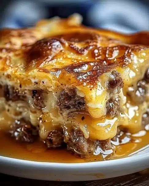 Pancake Sausage Casserole served on a plate with maple syrup drizzle