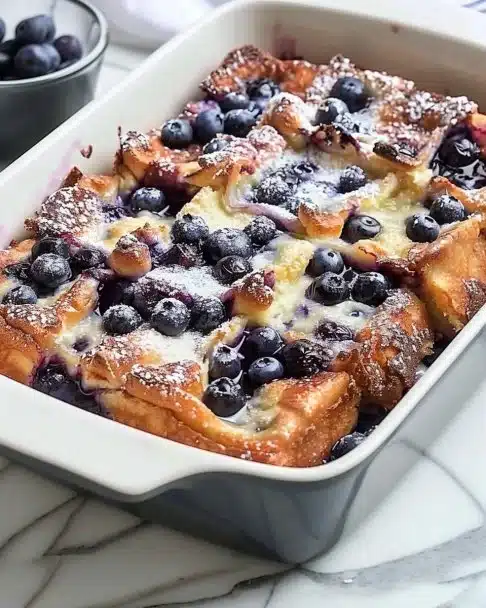 Delicious quick blueberry French toast casserole served in a baking dish
