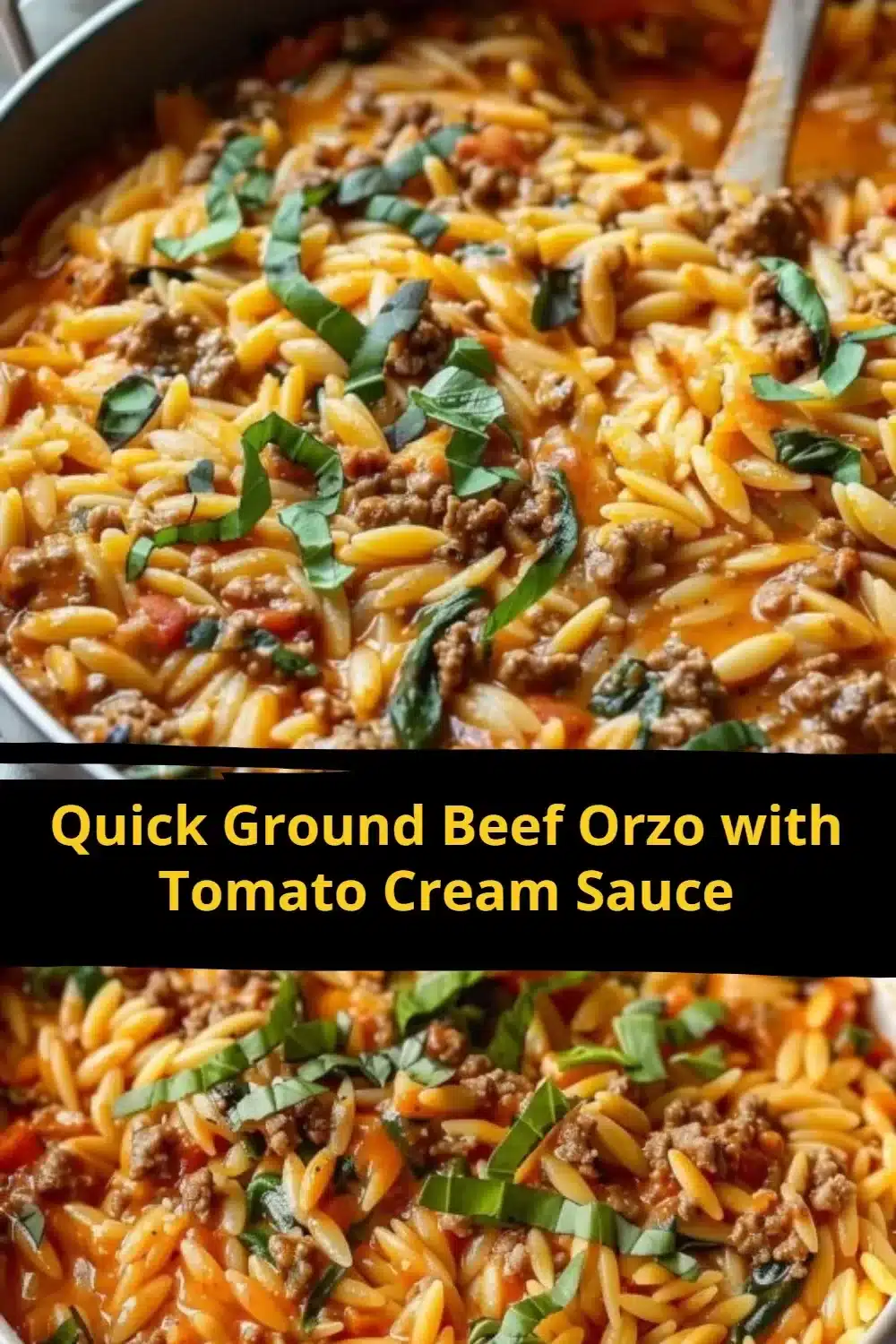 Delicious quick ground beef orzo with tomato cream sauce served in a bowl