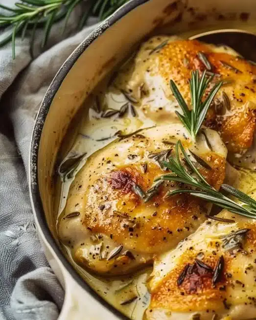 Delicious Rosemary Dijon Chicken served with herbs and spices on a plate
