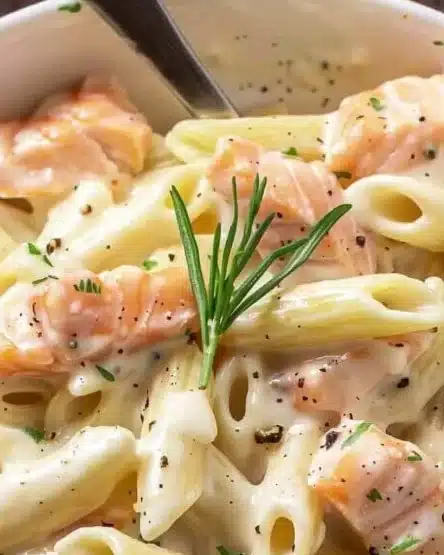 Delicious Salmon Alfredo pasta topped with fresh herbs and served in creamy sauce.