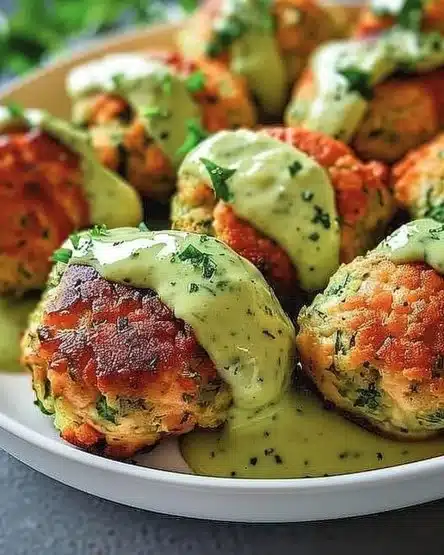 Salmon balls served with creamy avocado sauce on a plate