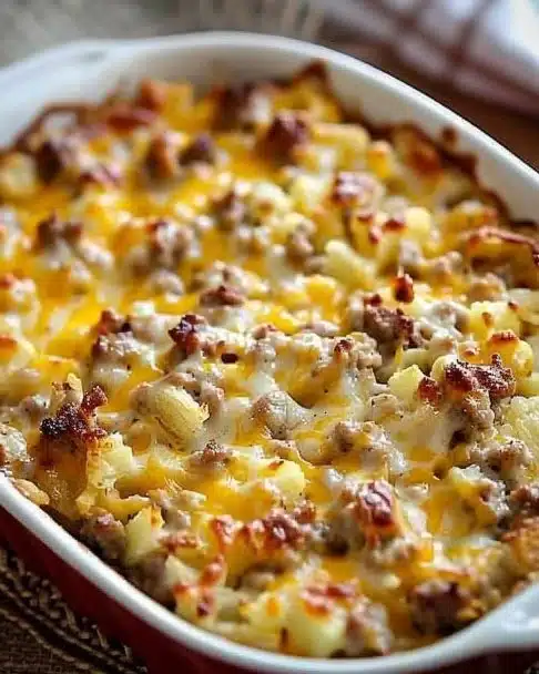 Sausage Hash Brown Breakfast Casserole with cheese and eggs
