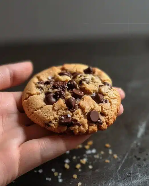 A freshly baked single-serve chocolate chip cookie on a plate