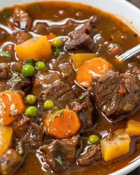 Delicious slow cooker beef stew with vegetables in a bowl