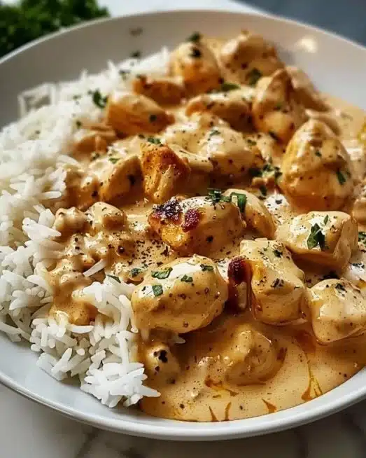 Delicious smothered chicken served over fluffy rice in a warm bowl.
