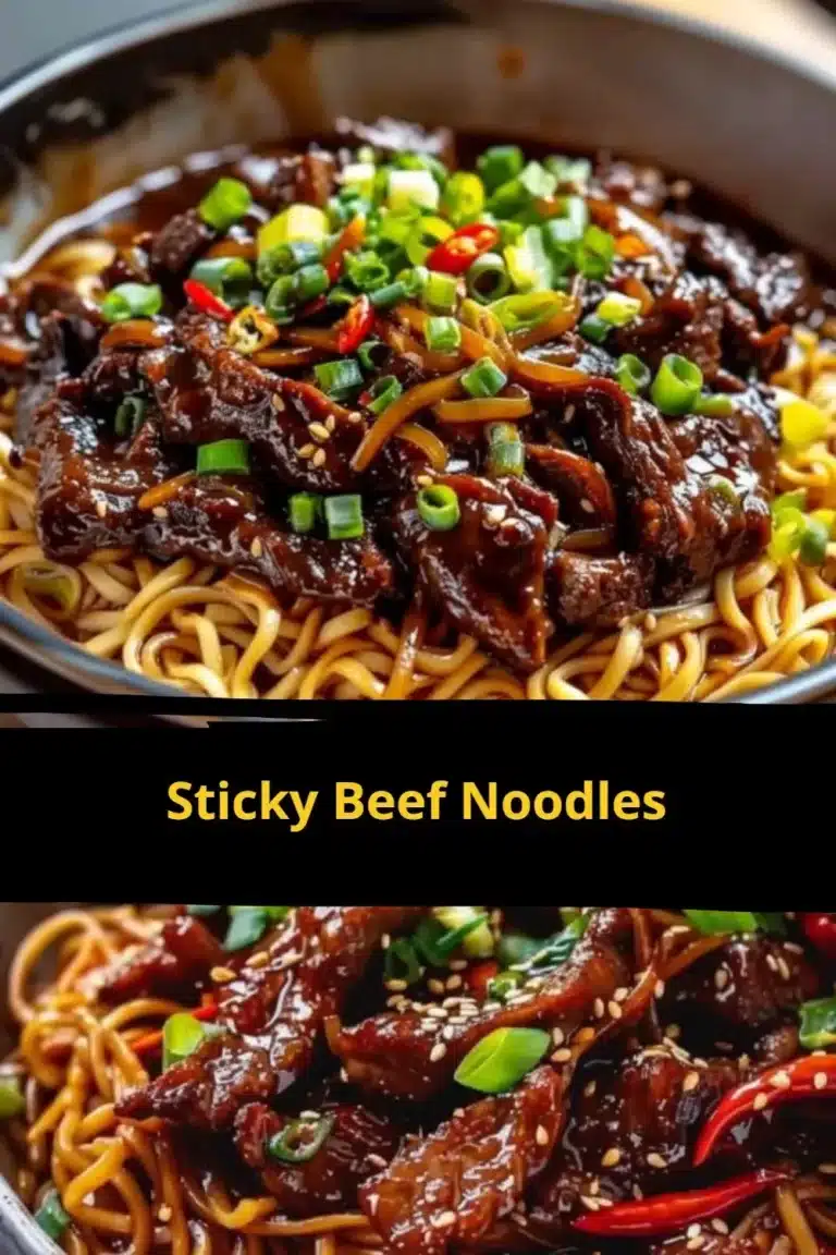 Delicious sticky beef noodles garnished with fresh herbs