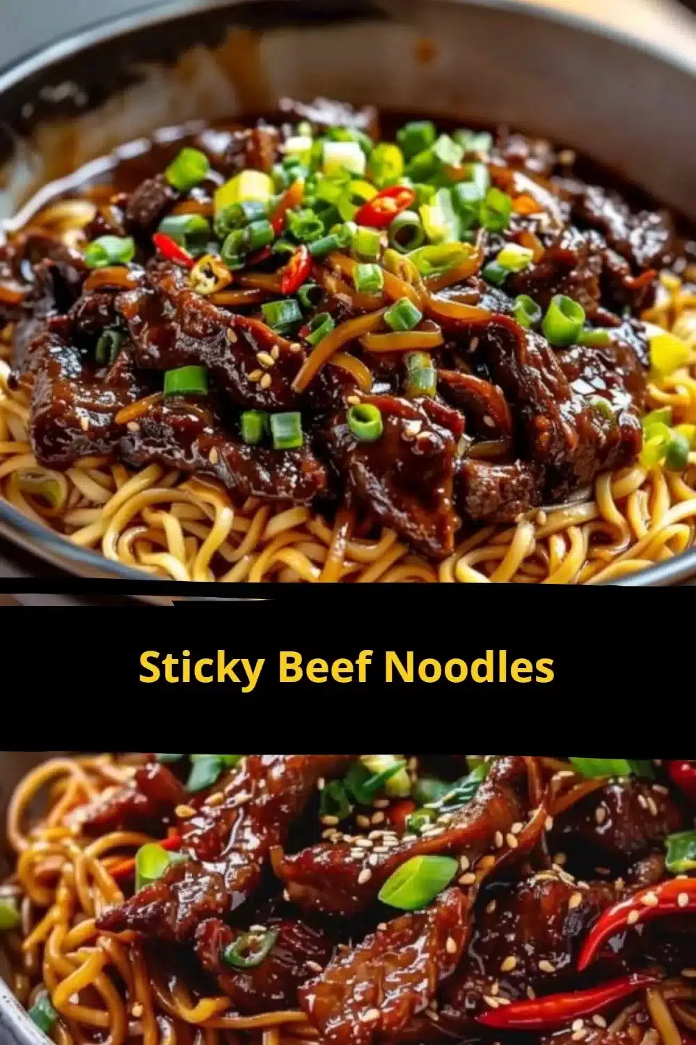 Delicious sticky beef noodles garnished with fresh herbs