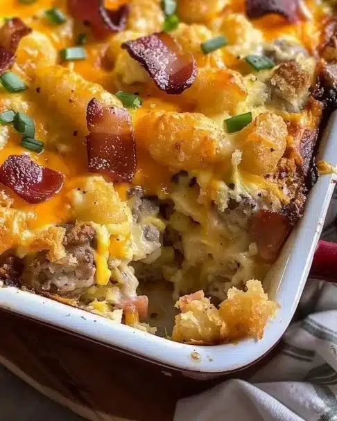 Delicious Tater Tot Breakfast Casserole topped with cheese and herbs