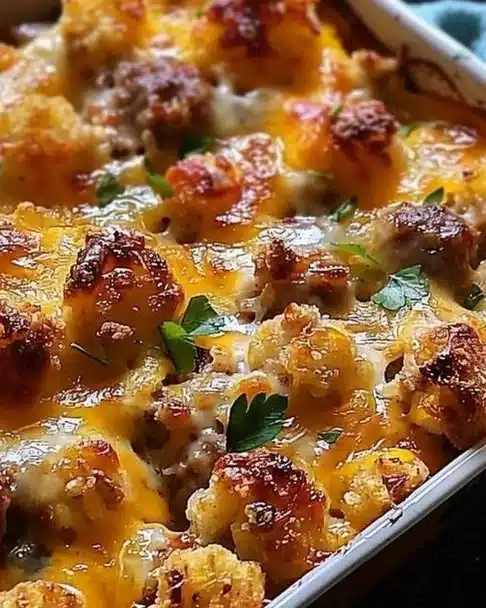 Tater Tot Sausage Breakfast Casserole topped with cheese and herbs