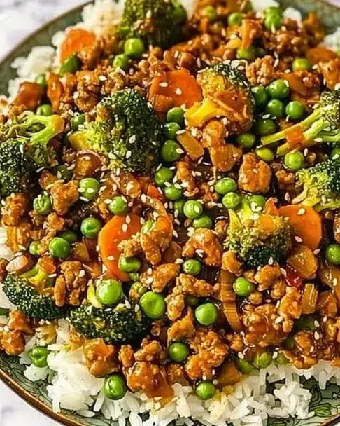 Dish of teriyaki ground turkey mixed with broccoli and peas