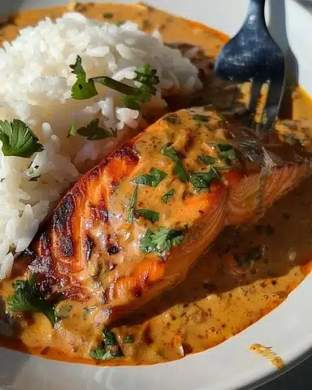 Bowl of Thai Salmon Curry garnished with herbs and served with rice.