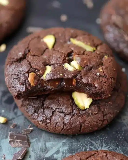 Triple Chocolate Pistachio Filled Cookies on a plate drizzled with chocolate