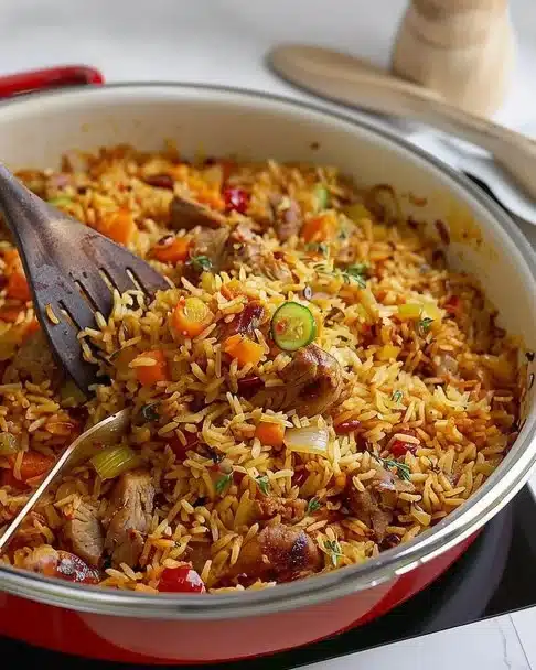 Plate of Turkey Combo Rice with colorful vegetables and spices
