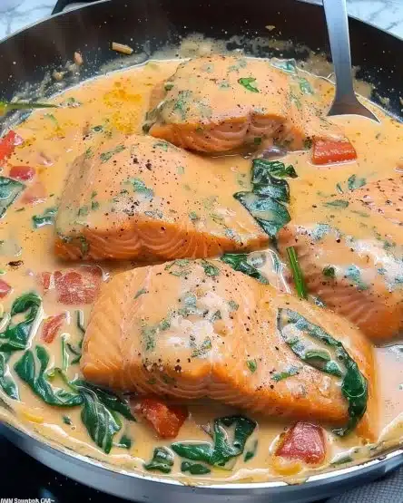 Plate of Tuscan Salmon garnished with herbs and served with vegetables.