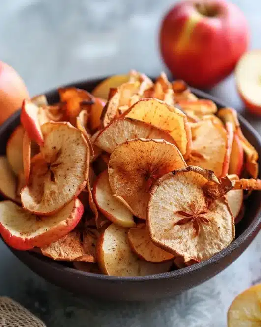 Crispy homemade air fryer apple chips served in a bowl.