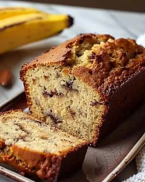 Loaf of almond flour banana bread with bananas and nuts