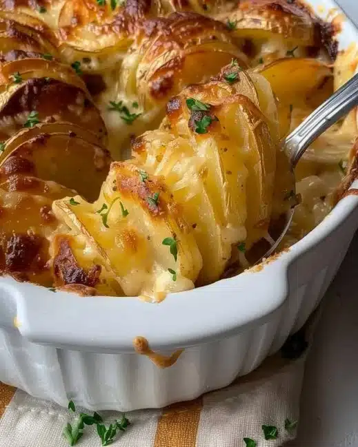 Delicious Au Gratin Potatoes topped with melted cheese and golden crust