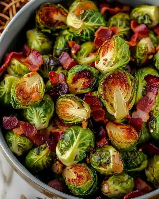 A delicious plate of Bacon Brussels Sprouts garnished for a flavorful side dish.