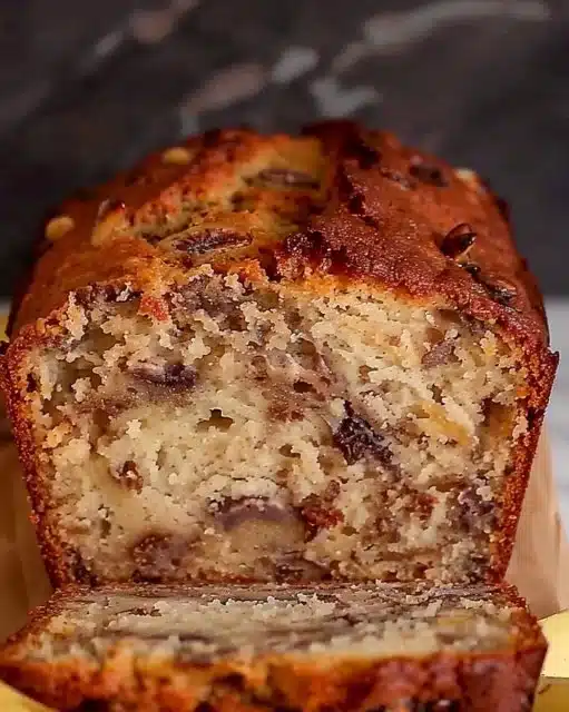 Loaf of freshly baked banana bread sliced on a wooden cutting board.