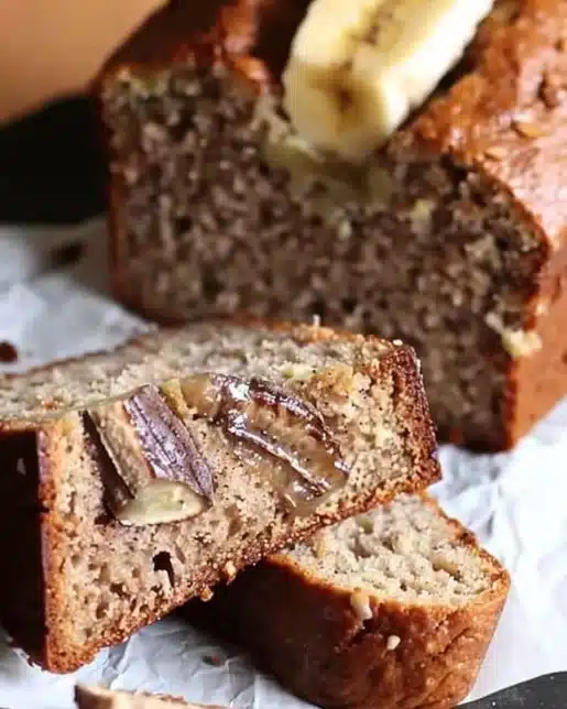 Delicious homemade banana bread loaves on a wooden table