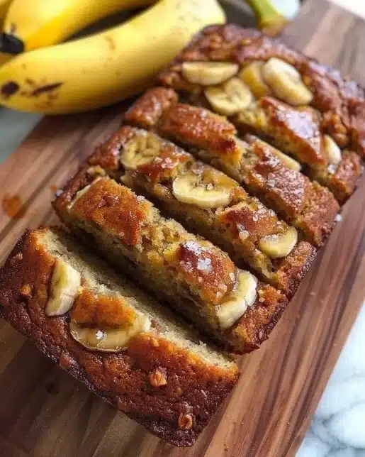 Delicious sliced banana bread on a wooden cutting board