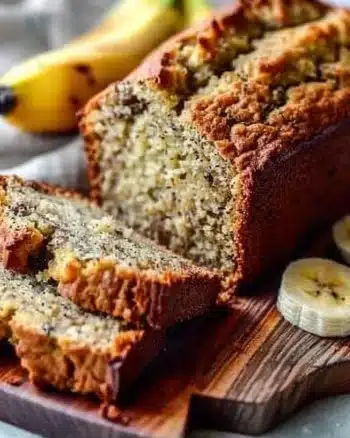 Delicious homemade banana bread loaf with slices on a wooden cutting board