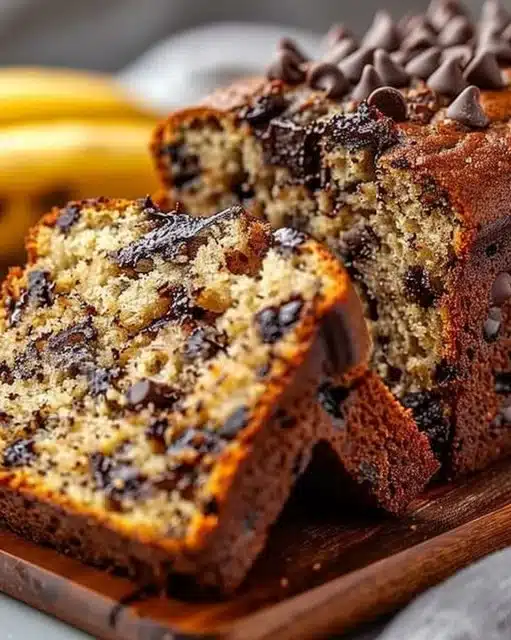 Moist banana bread with chocolate chips on a wooden cutting board