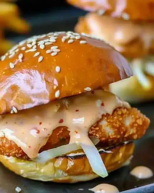 Bang Bang Chicken Sliders topped with spicy sauce and fresh toppings