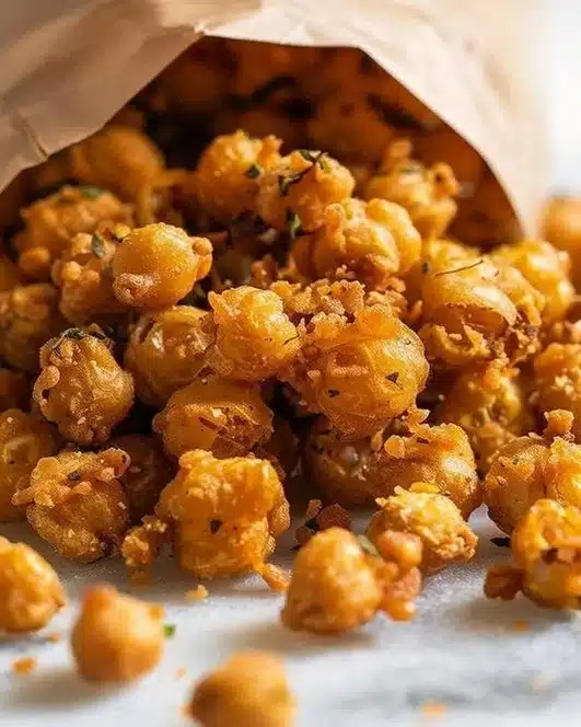 Crispy baked chickpeas served in a bowl, a delicious popcorn alternative.
