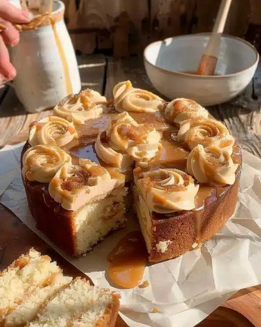 Delicious slice of Brown Butter Caramel Cake with caramel drizzle