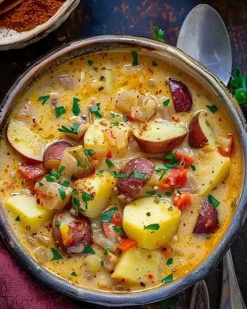 A bowl of delicious Cajun Potato Soup garnished with herbs and spices.