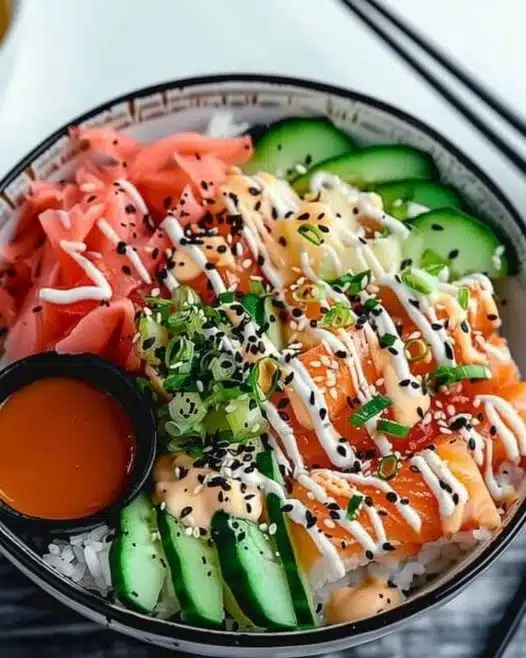 California Roll sushi bowl with fresh vegetables and sushi rice