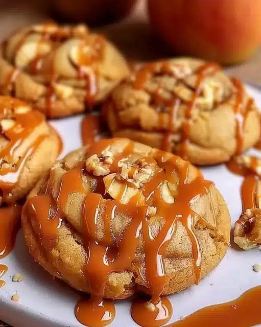 Freshly baked caramel apple cookies with a drizzle of caramel sauce