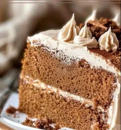 Deliciously spiced chai cake topped with frosting on a rustic wooden table