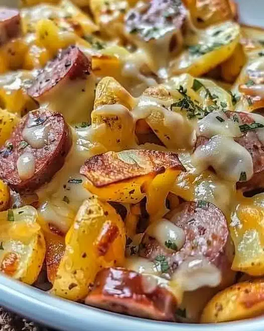 Delicious cheesy ranch potatoes with smoked sausage on a plate