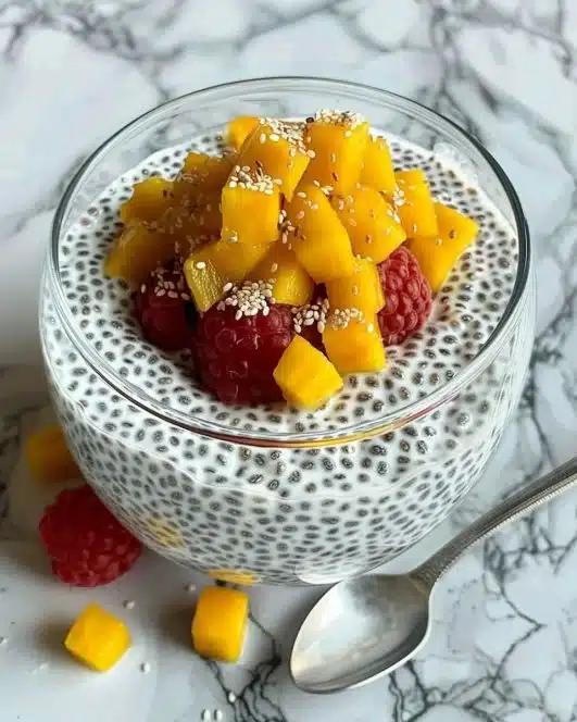 A bowl of creamy chia seed pudding topped with fresh berries and nuts.