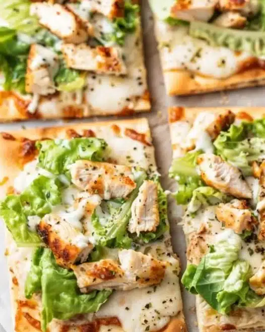 Delicious Chicken Caesar Flatbread topped with fresh ingredients