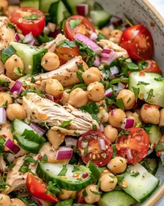 Delicious Chicken & Chickpea Salad served in a bowl