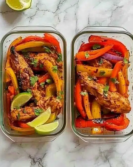 Colorful chicken fajita meal prep bowls with peppers and rice
