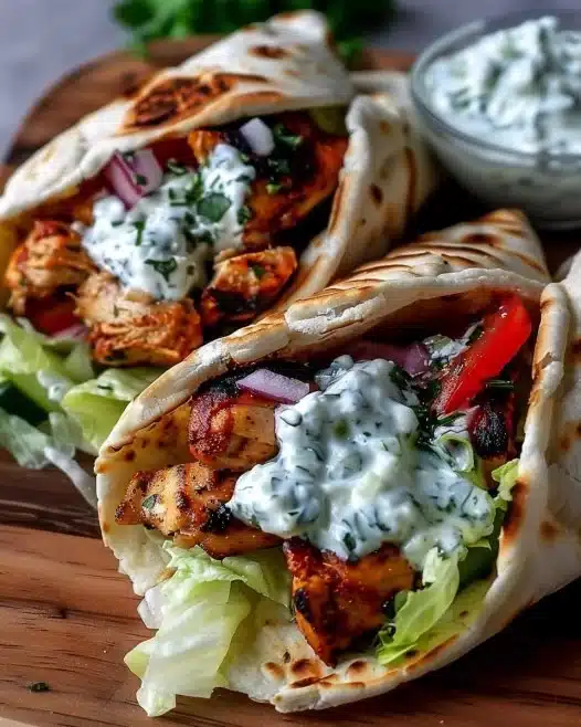 Delicious Chicken Gyros served with creamy Feta Tzatziki sauce