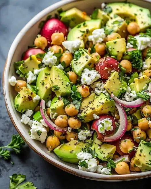 Chickpea Feta Avocado Salad with fresh vegetables and herbs