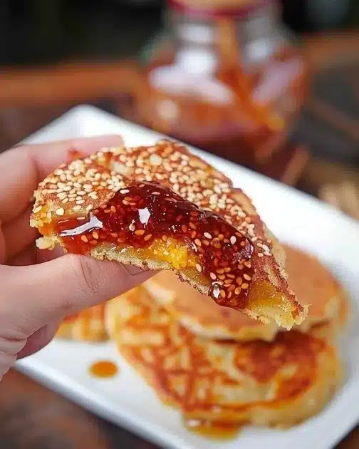 Plate of delicious Chinese sweet potato pancakes garnished with herbs