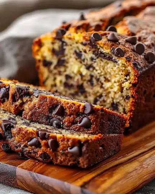 Delicious slice of chocolate chip banana bread on a wooden cutting board