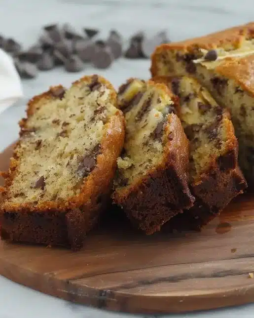 Moist chocolate chip banana bread with slices on a wooden table
