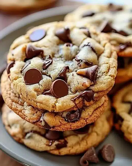 Freshly baked chocolate chip cookies stacked on a plate.