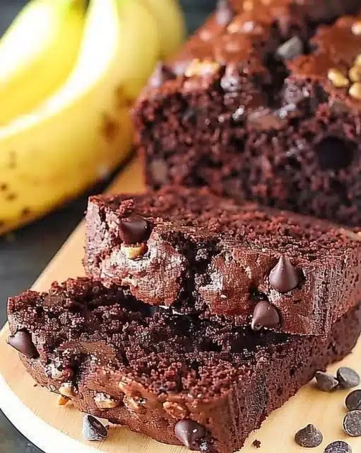 Sliced chocolate chocolate chip banana bread on a wooden cutting board